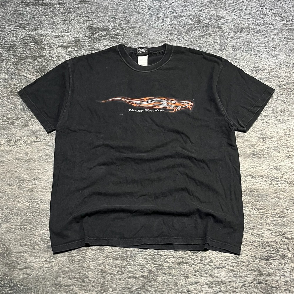 Harley Davidson T Shirt Mens XL Black Flames Eagle‎ Biker Grunge Short Sleeve